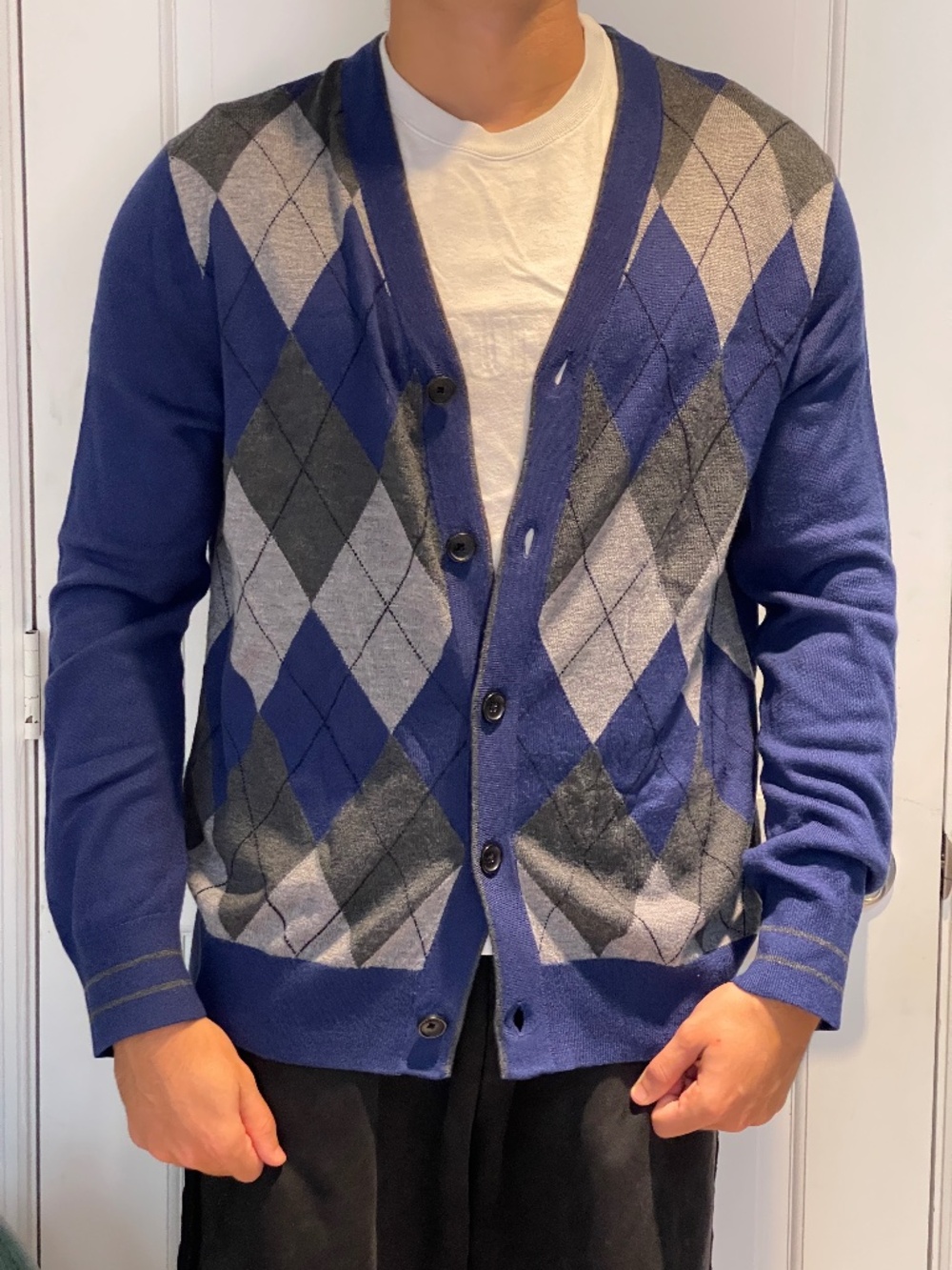 Banana Republic merino wool checked argyle pattern Blue/gray cardigan men XL